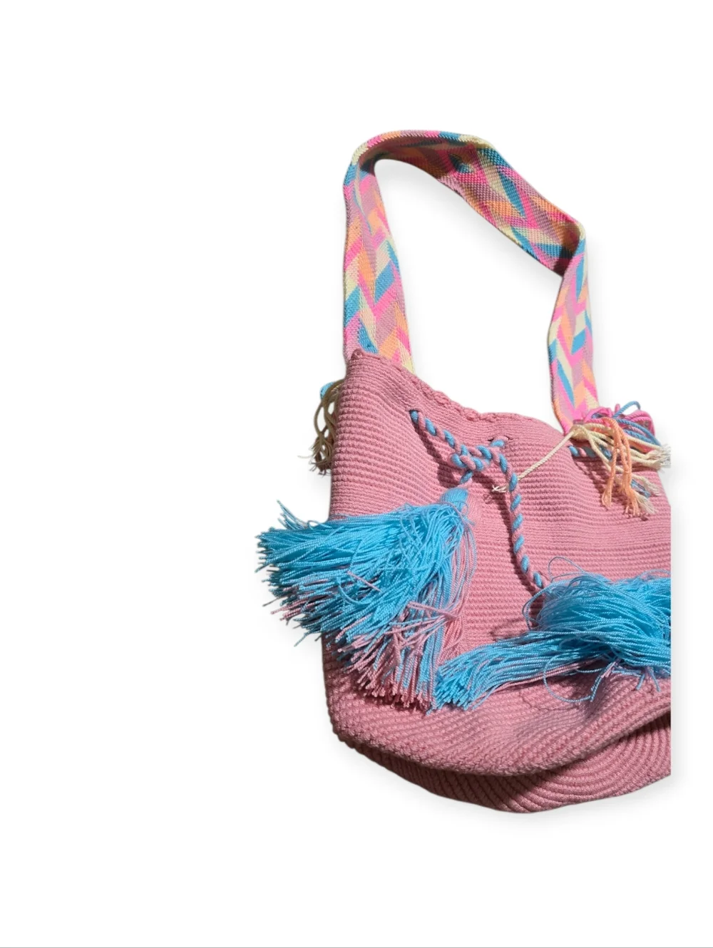 Wayuu Tribe Pink Woven Bucket Bag with Blue Tassels and Multicolor Strap
